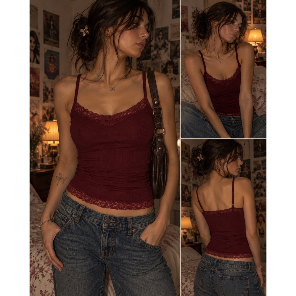 Brandy Melville Burgundy Ribbed Lace Trim Cami Tank Top OS Y2K Downtown Girl